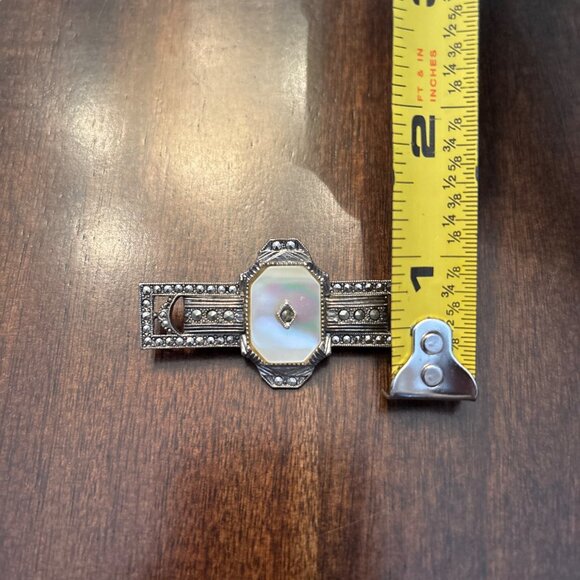 Vintage Art Deco Revival Mother of Pearl and Faux Marcasite Bar Brooch - Picture 7 of 7